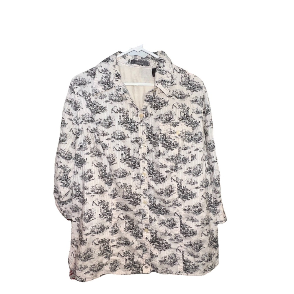 SOLDLiz Claiborne 1X Toile Print Shirt 100% Cotton Black Ecru Button Down Blouse
